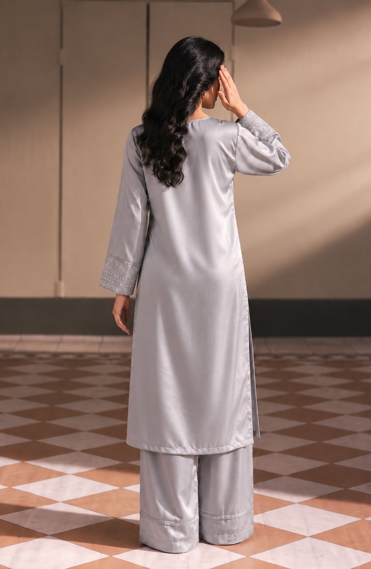 Jannah Noe by Amna Khadija Embroidered Silk Stitched 2 Piece Co-ord Set - JNLS-28 - AM26OEN - Grey - Summer Collection