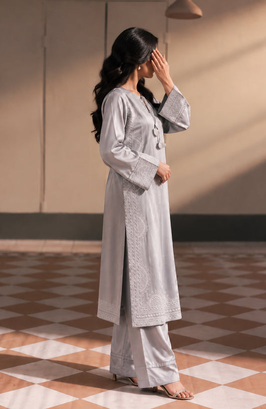 Jannah Noe by Amna Khadija Embroidered Silk Stitched 2 Piece Co-ord Set - JNLS-28 - AM26OEN - Grey - Summer Collection