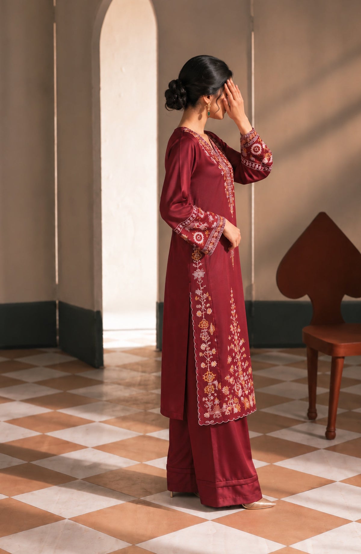Jannah Noe by Amna Khadija Embroidered Silk Stitched 2 Piece Co-ord Set - JNLS-31 - AM26OEN - Red - Summer Collection