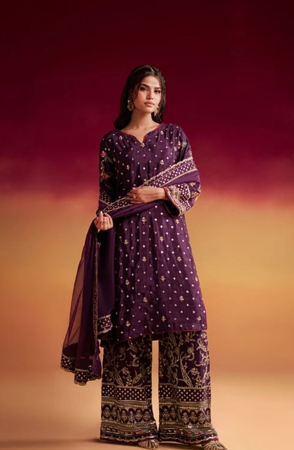 Jhilmil by Embroidered Silk Stitched 3 Piece Suit - OPTIM VX-201 - AK26JHL - Purple - Festive Collection