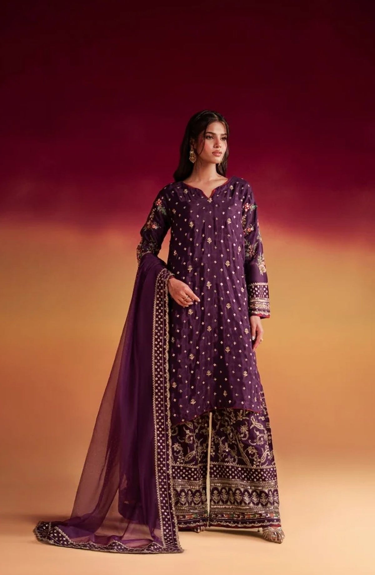 Jhilmil by Embroidered Silk Stitched 3 Piece Suit - OPTIM VX-201 - AK26JHL - Purple - Festive Collection