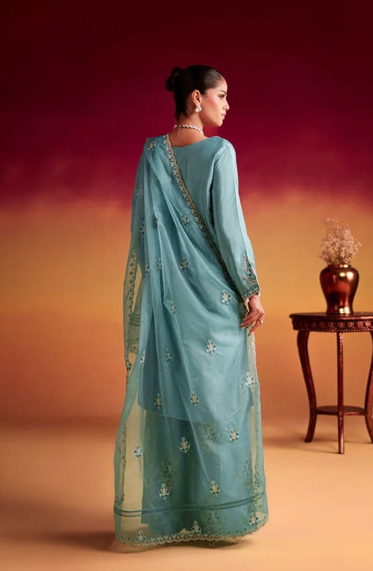 Jhilmil by Embroidered Silk Stitched 3 Piece Suit - TUNIC VX-198 - AK26JHL - Blue - Festive Collection