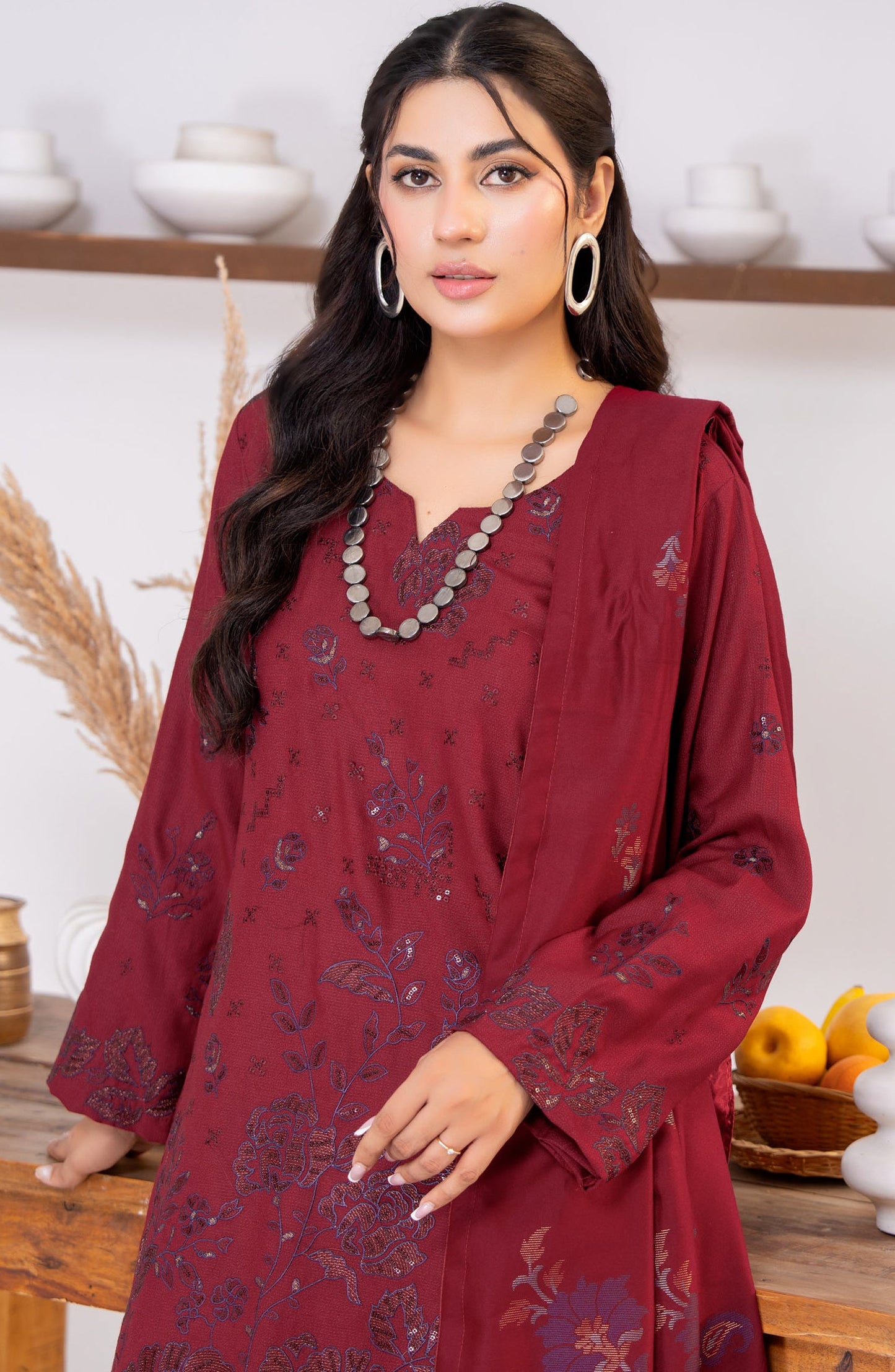 Kehkeshan by Riaz Arts Embroidered Peach Unstitched 3 Piece Suit - D-04 - RA26KKN - Maroon - Winter Collection