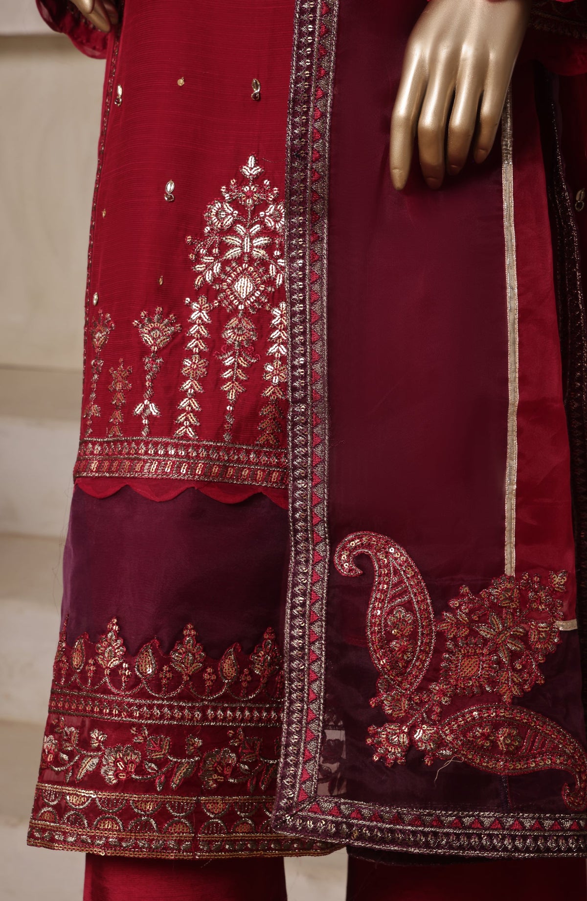 Khombi Luxury Embroidered Raw Silk Stitched 3 Piece Suit - 03 Delight - KHM26PRF - Maroon - Formal Collection