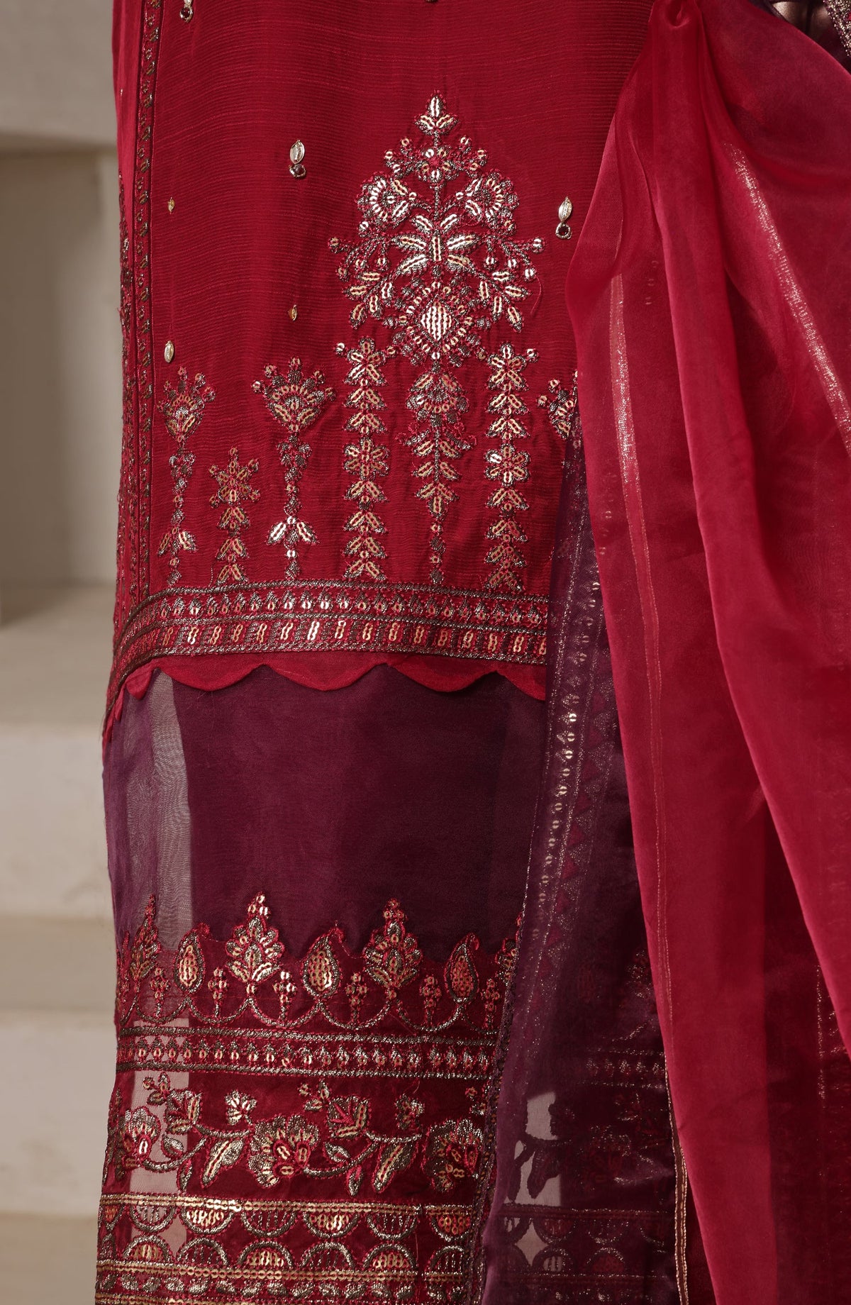 Khombi Luxury Embroidered Raw Silk Stitched 3 Piece Suit - 03 Delight - KHM26PRF - Maroon - Formal Collection