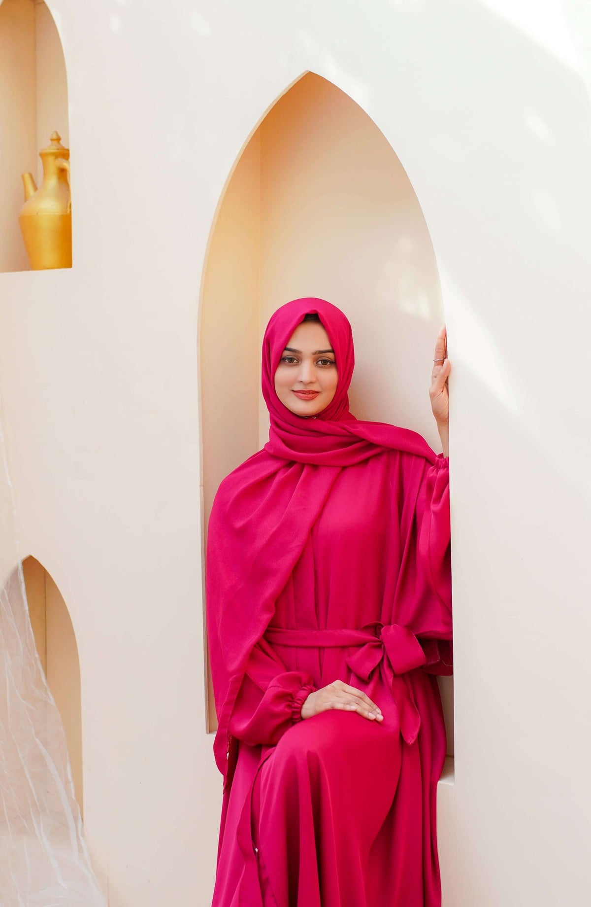 La Khilaba Daily Wear Printed Korean Nida - Hot Pink Flared Abaya - LKH25DWA - Abaya Collection
