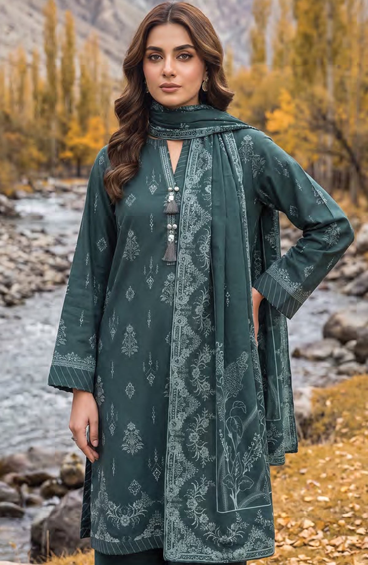Lakhany Printed Pashmina Unstitched 3 Piece Suit - D-02 - LKN26PS - Green - Winter Collection