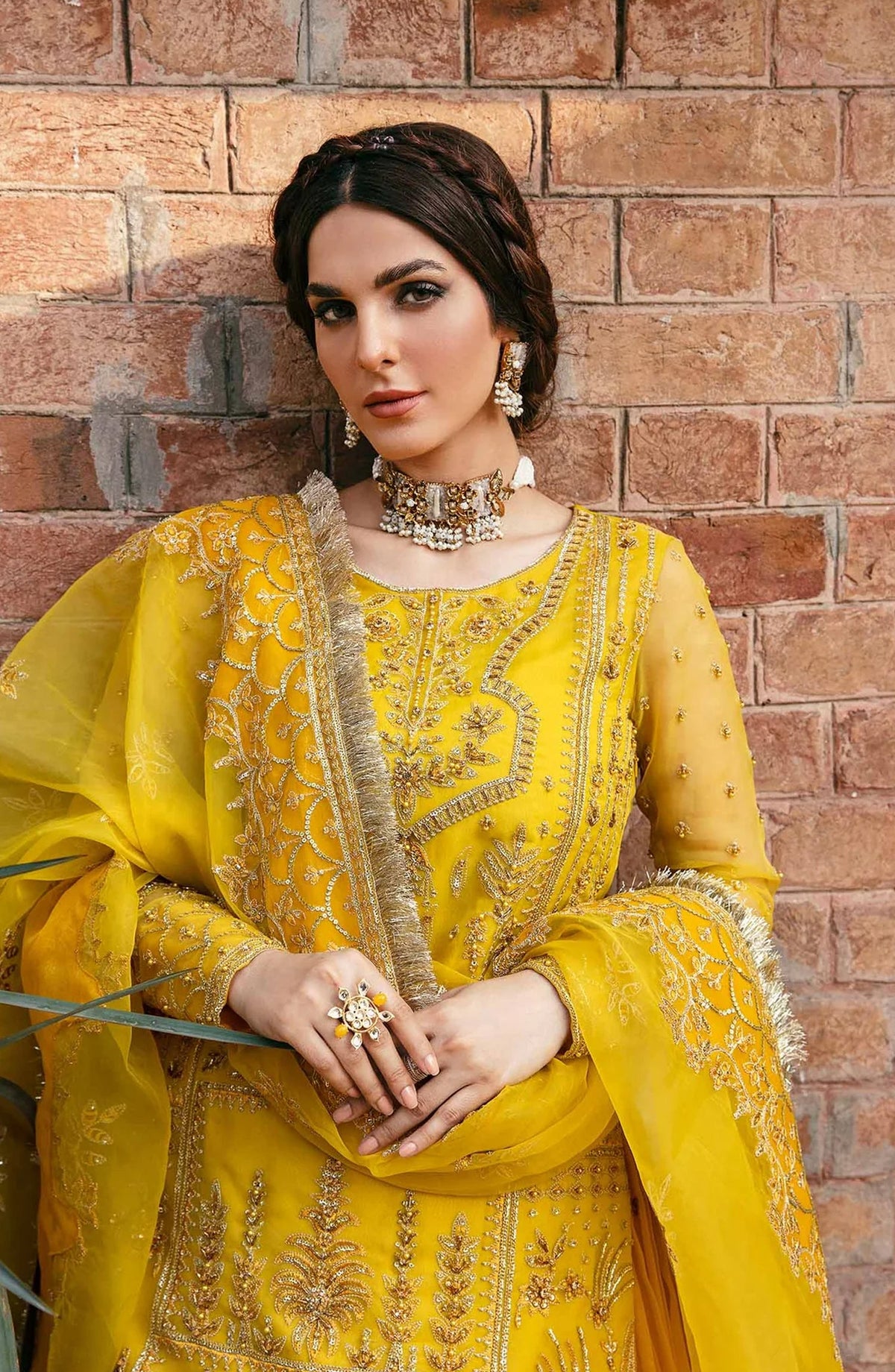 Layali by Akbar Aslam Embroidered Organza Unstitched 3 Piece Suit - Cailin - AKA25LYL - Yellow - Wedding Collection