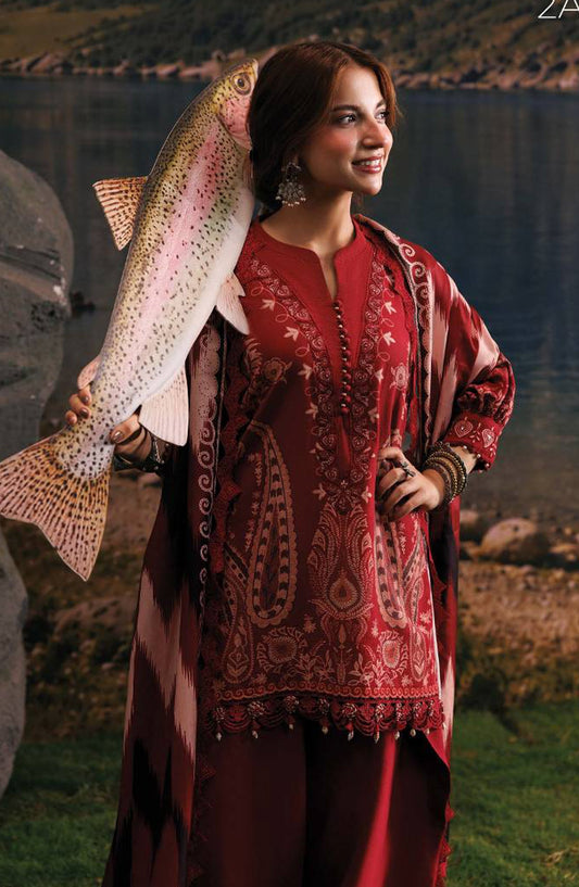 M. Basics Embroidered Slub Khaddar Unstitched 3 Piece Suit - D02A - MB26AST - Red - Winter Collection