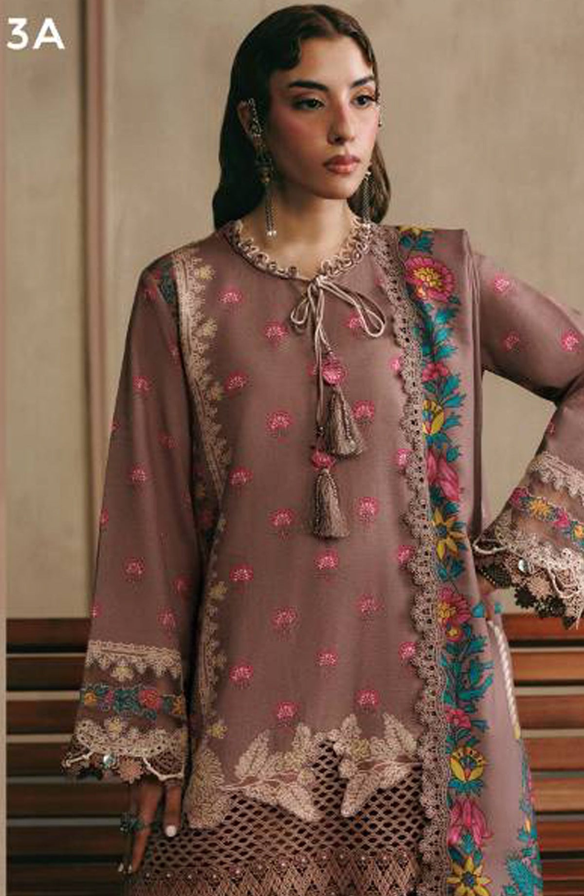 M. Basics Embroidered Slub Khaddar Unstitched 3 Piece Suit - D03A - MB26AST - Mauve - Winter Collection