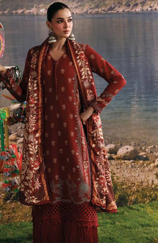 M. Basics Embroidered Slub Khaddar Unstitched 3 Piece Suit - D03B - MB26AST - Orange - Winter Collection