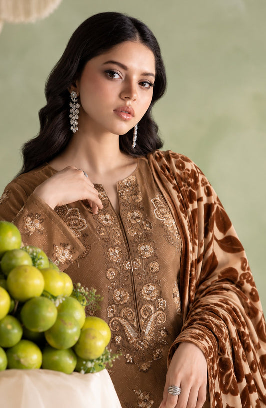 Mah-e-Naaz by Amna Khadija Embroidered Chamki Dhanak Unstitched 3 Piece Suit - D-02 - AM26MHN - Brown - Winter Collection