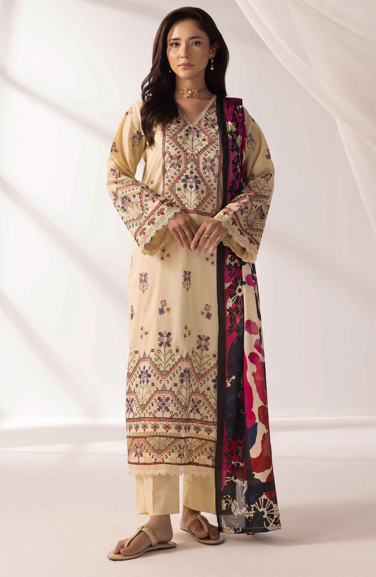 Mahjabeen by Al Karim Embroidered Lawn Unstitched 3 Piece Suit - M-108 - AK26MHJ - Fawn - Summer Collection