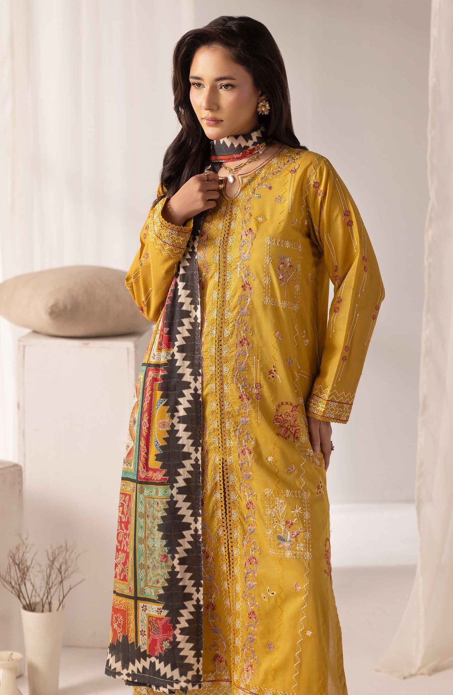 Mahjabeen by Embroidered Lawn Unstitched 3 Piece Suit - M-105 - AK26MHJ - Mustard - Summer Collection