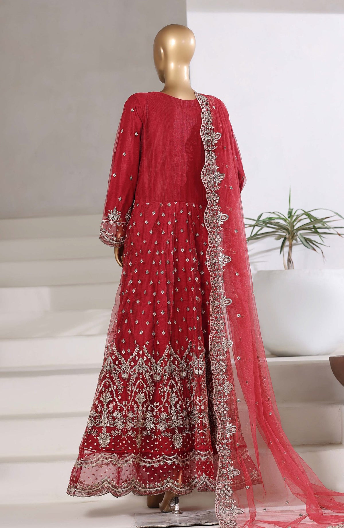 Mahpara by Sadabahar Embroidered Net Stitched 3 Piece Suit - Design-01 - SBD25PRLM - Red - Luxury Festive Collection