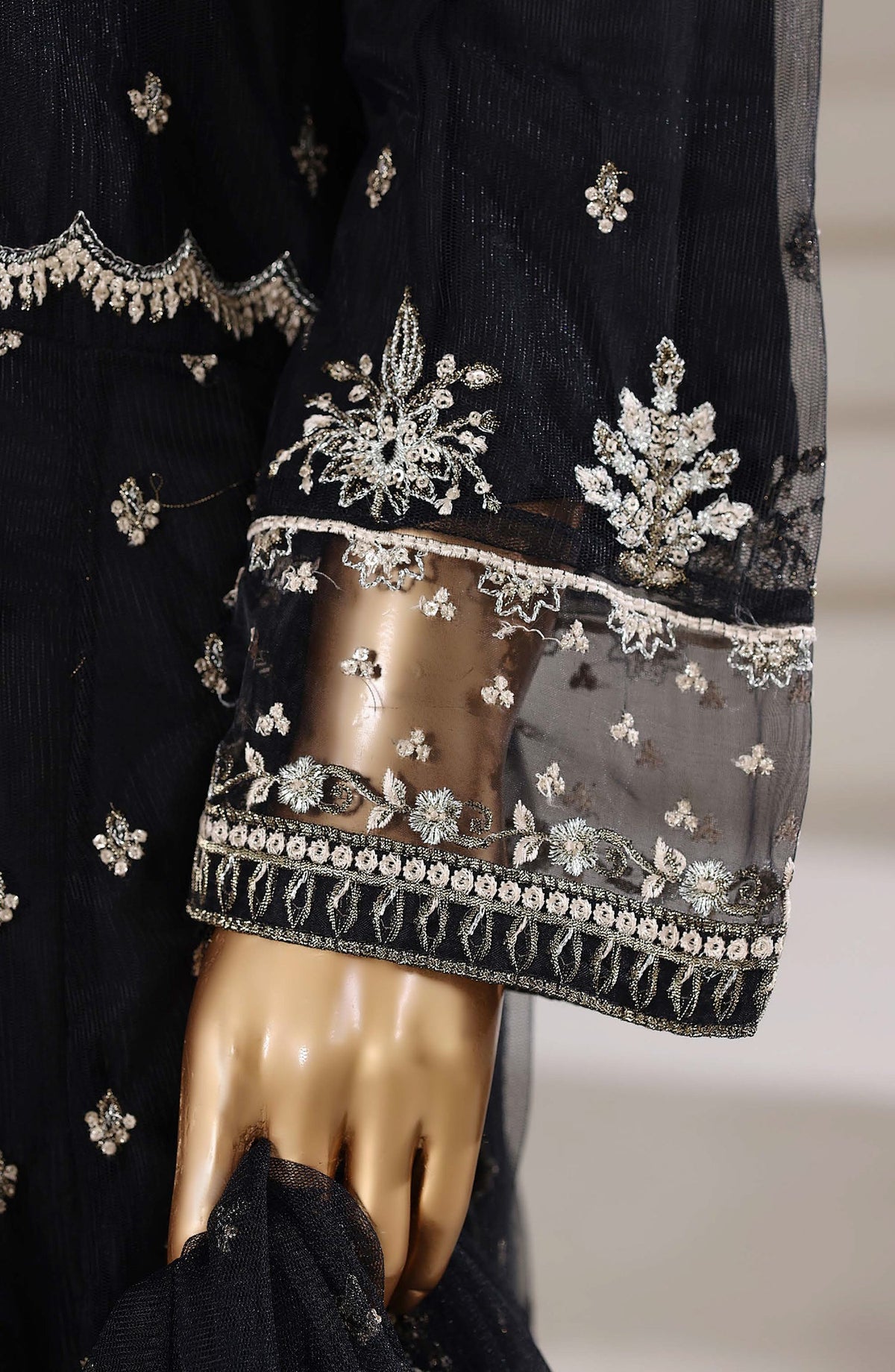 Mahpara by Sadabahar Embroidered Net Stitched 3 Piece Suit - Design-01 - SBD25PRLM - Black - Luxury Festive Collection