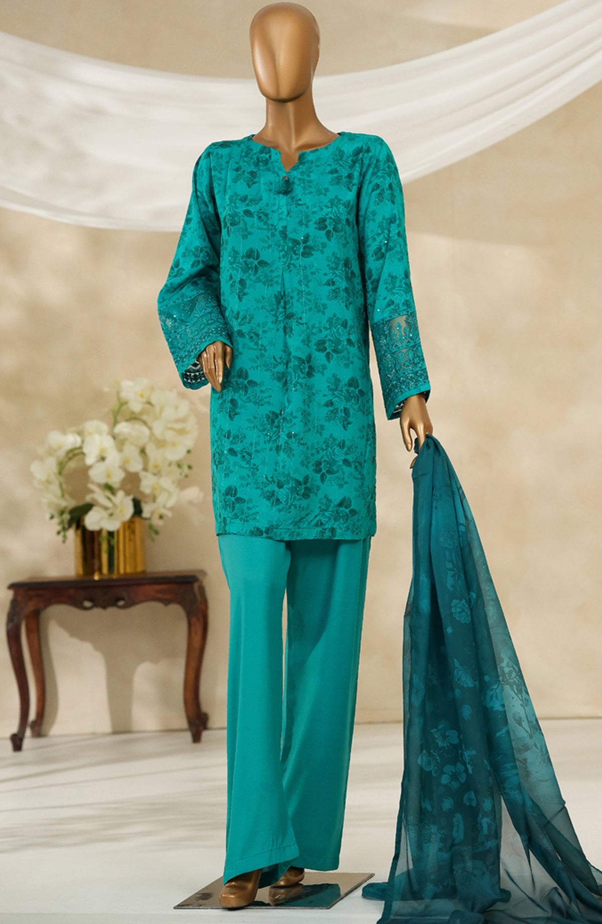 Majestic by HZ Textile Embroidered Silk Stitched 3 Piece Suit - PRE-114 - HZ25MJSL - Turquise - Formals Collection