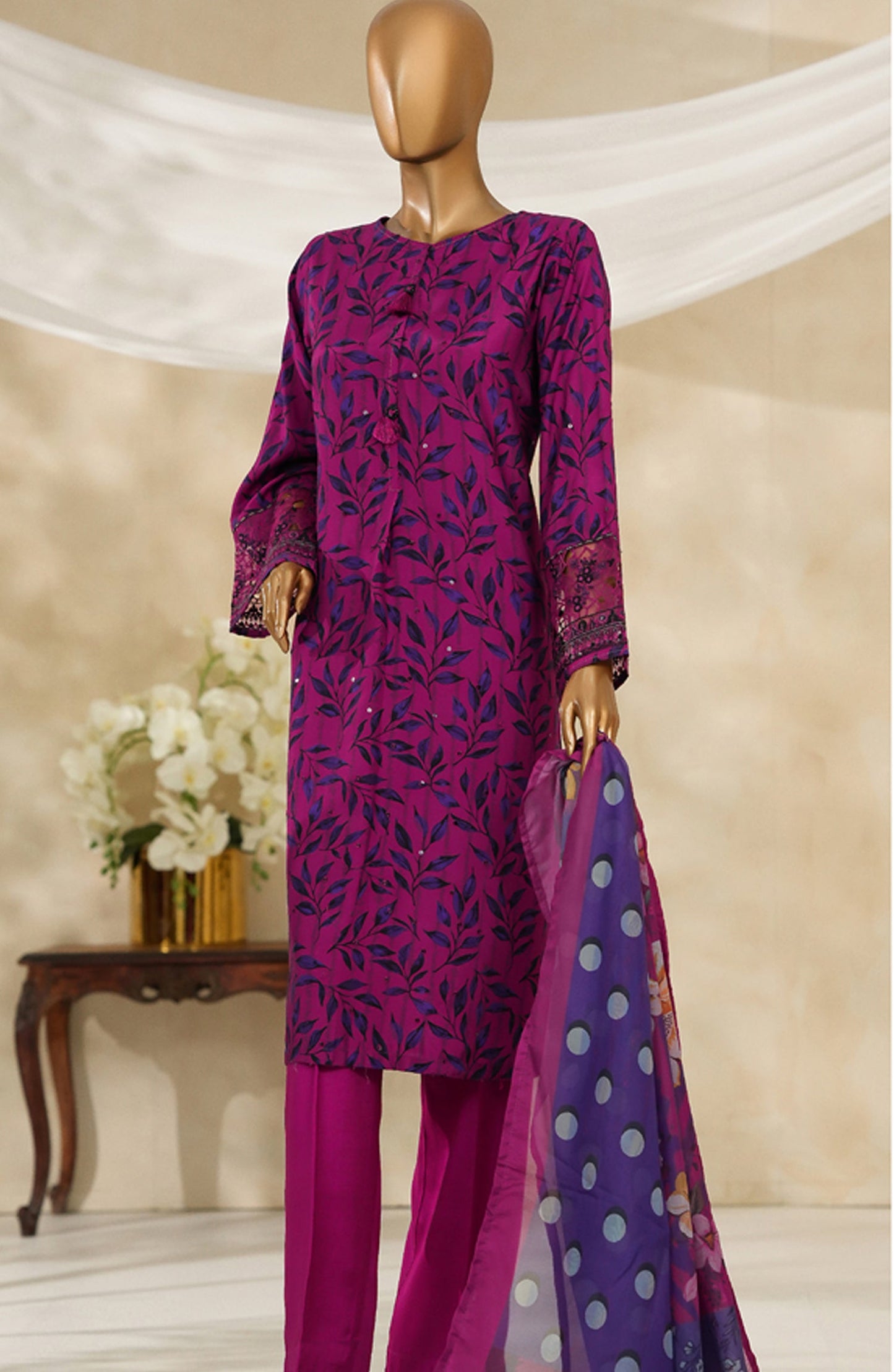 Majestic by HZ Textile Embroidered Silk Stitched 3 Piece Suit - PRE-115 - HZ25MJSL - Magenta - Formals Collection