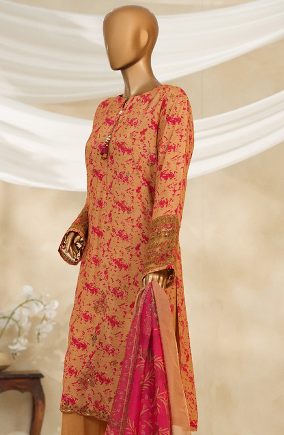 Majestic by HZ Textile Embroidered Silk Stitched 3 Piece Suit - PRE-110 - HZ25MJSL - Gold Maroon - Formals Collection