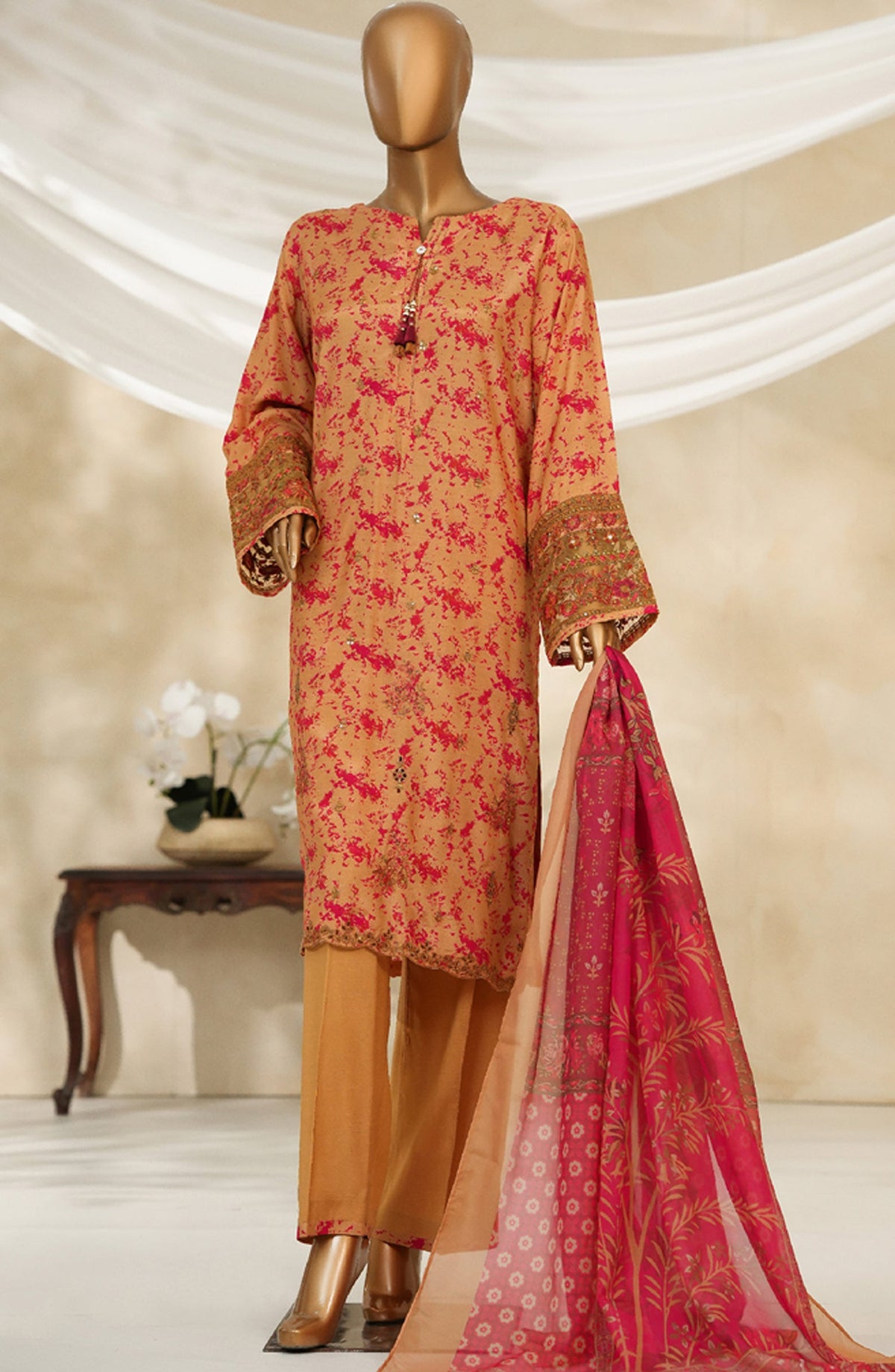 Majestic by HZ Textile Embroidered Silk Stitched 3 Piece Suit - PRE-110 - HZ25MJSL - Gold Maroon - Formals Collection