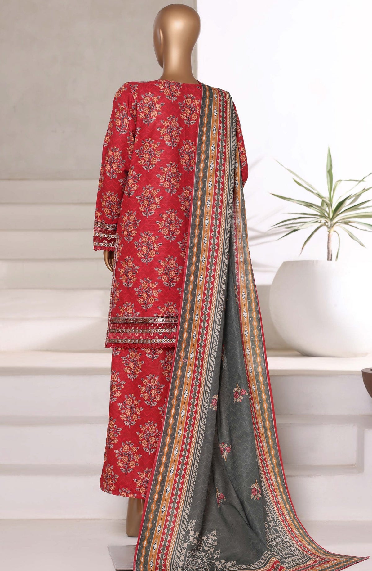 Malika by Sadabahar Embroidered Khaddar Stitched 3 Piece Suit - Design-03 - SBD25MLK - Red - Winter Collection
