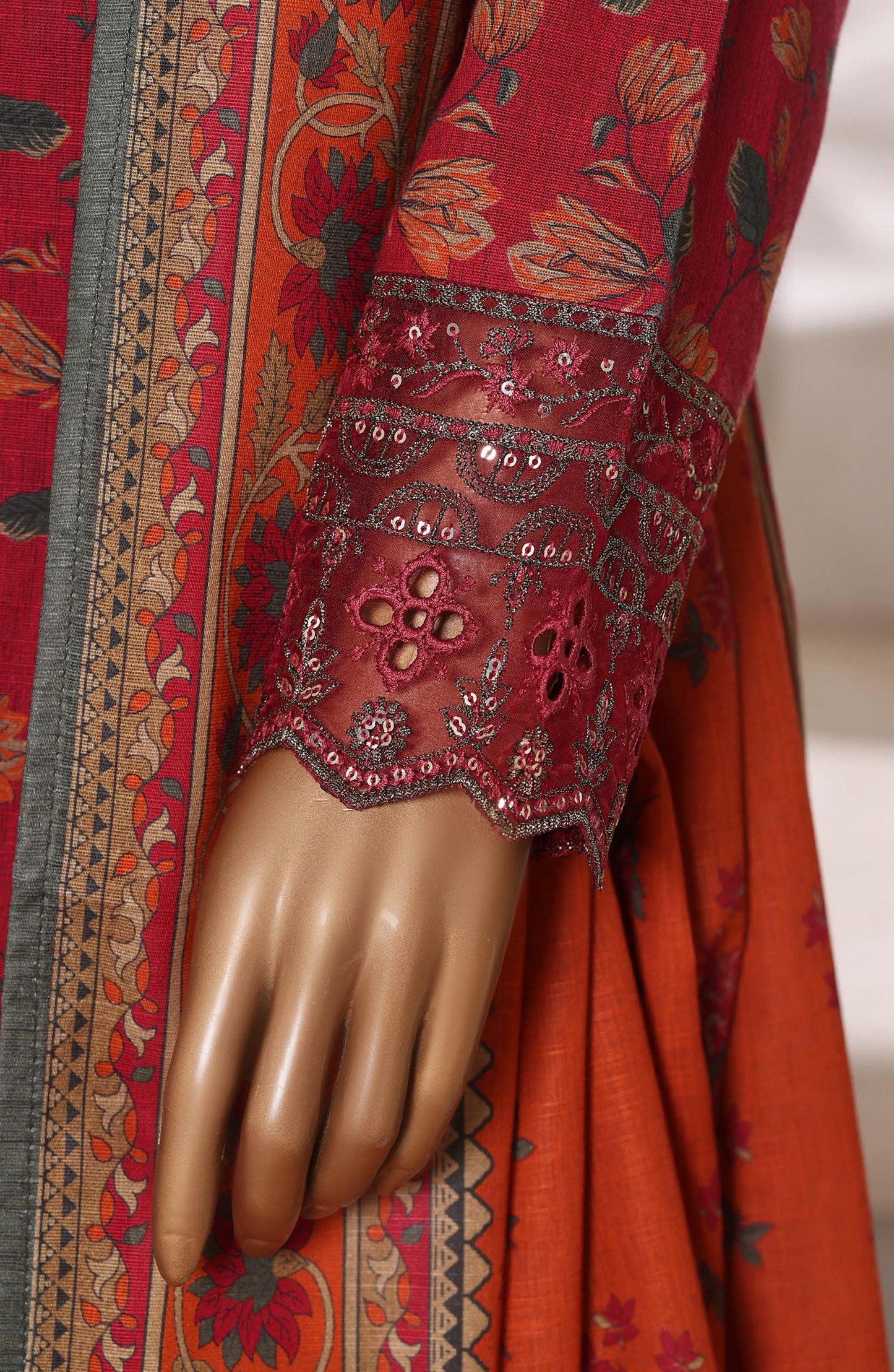 Malika by Sadabahar Embroidered Khaddar Stitched 3 Piece Suit - Design-05 - SBD25MLK - Red - Winter Collection