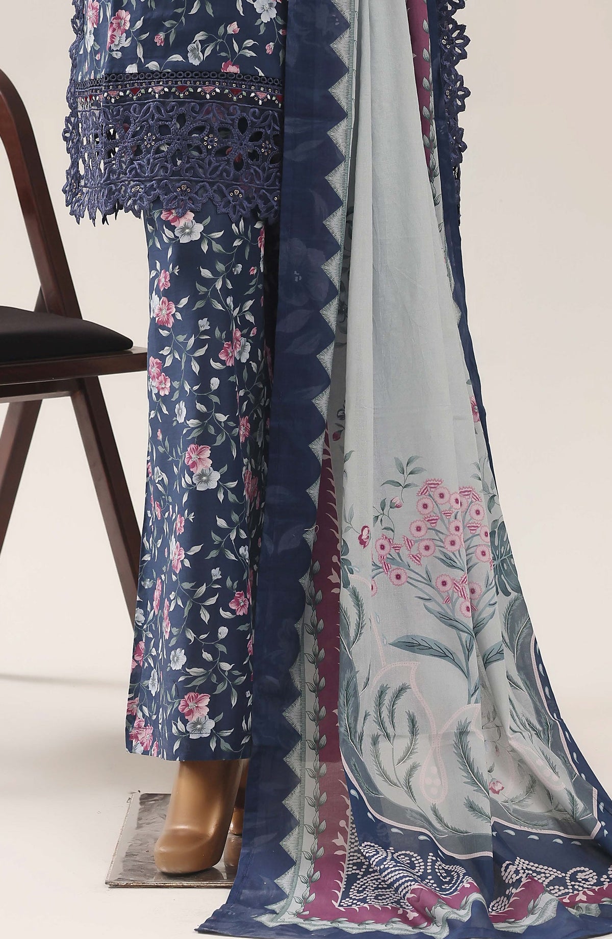 Malika by Sadabahar Embroidered Lawn Stitched 3 Piece Suit - D-04 - SBD26THR - Blue - Festive Collection