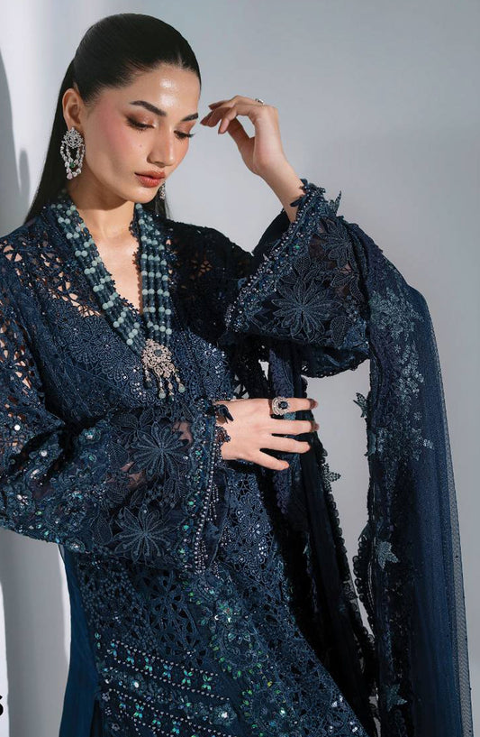 Maria B Luxury Embroidered Organza Unstitched 3 Piece Suit - D6 - MB26WED - Teal Blue - Wedding Collection