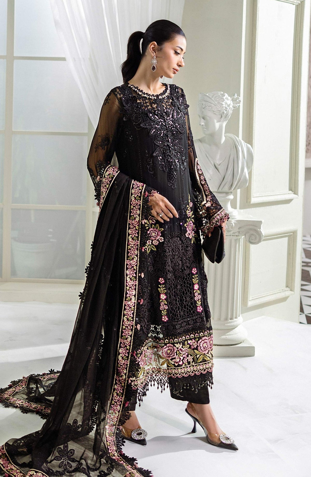 Maria B Embroidered Luxury Chiffon Unstitched 3 Piece Suit - MPC-25-104-Black - MB25UCH - Luxury Collection