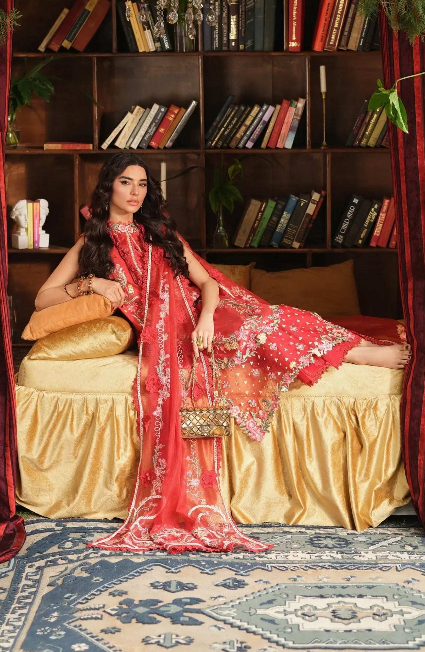 Maryam Hussain Embroidered Lawn Unstitched 3 Piece Suit - Crimson - MRH26LW - Red - Luxury Summer Collection