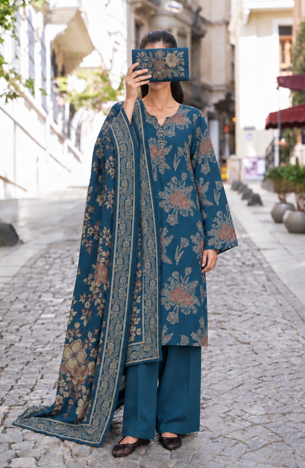 Maryum Maniya by Amna Khadija Broshia Banarsi Cotton Unstitched 3 Piece Suit - AKMM-01 - AM26NYI - Blue - Winter Collection