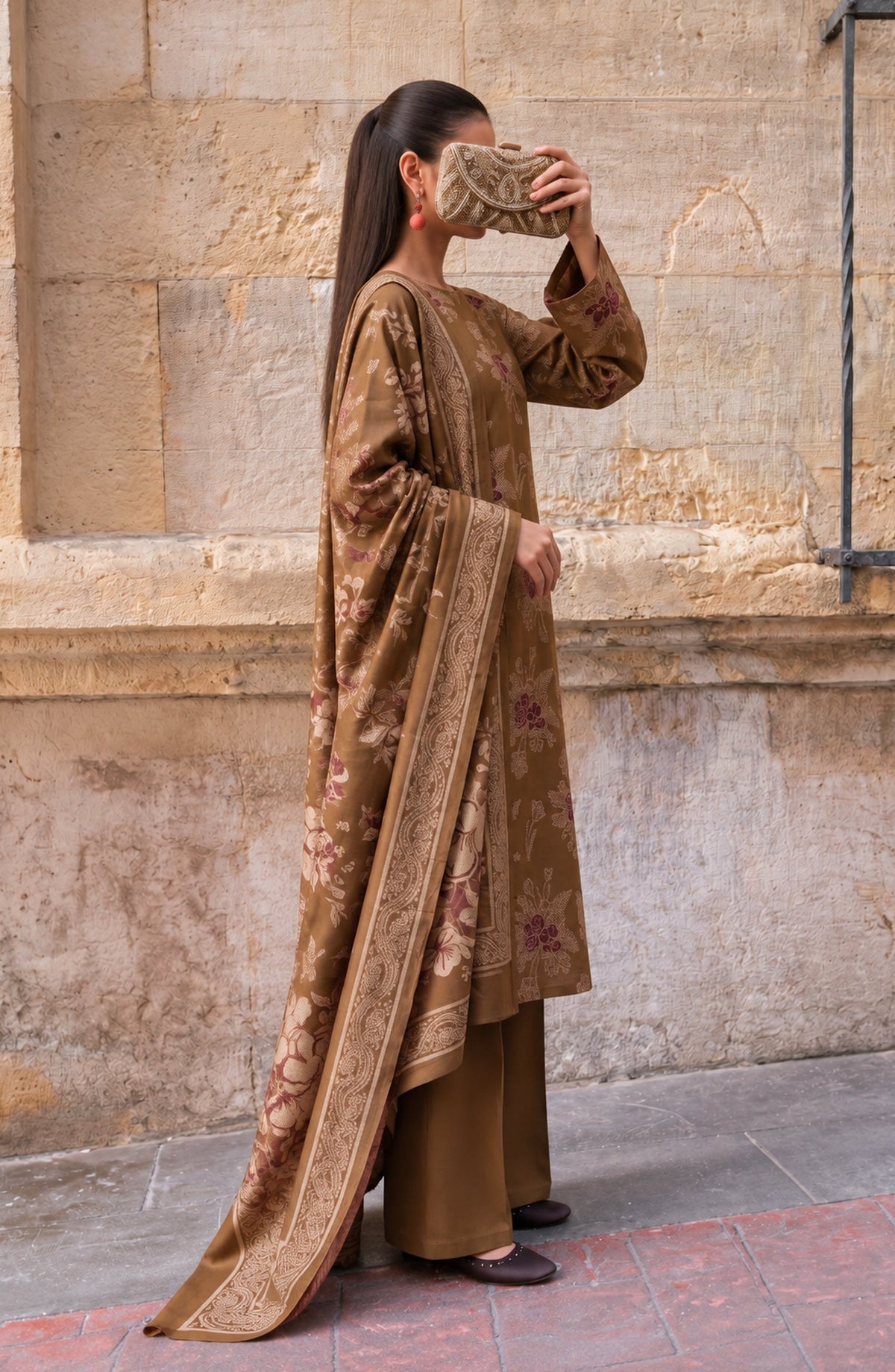 Maryum Maniya by Amna Khadija Broshia Banarsi Cotton Unstitched 3 Piece Suit - AKMM-02 - AM26NYI - Brown - Winter Collection