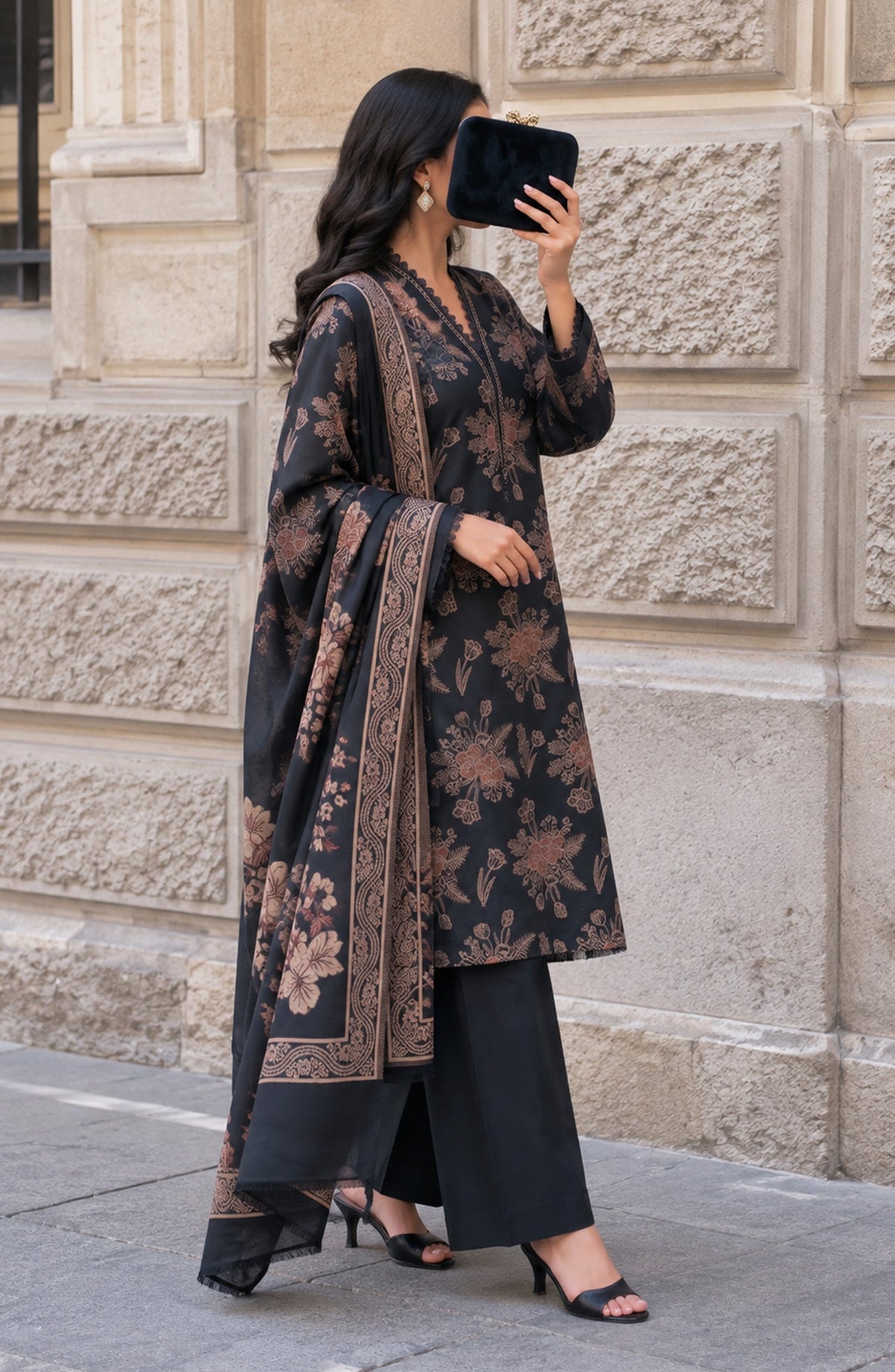 Maryum Maniya by Amna Khadija Broshia Banarsi Cotton Unstitched 3 Piece Suit - AKMM-04 - AM26NYI - Black - Winter Collection