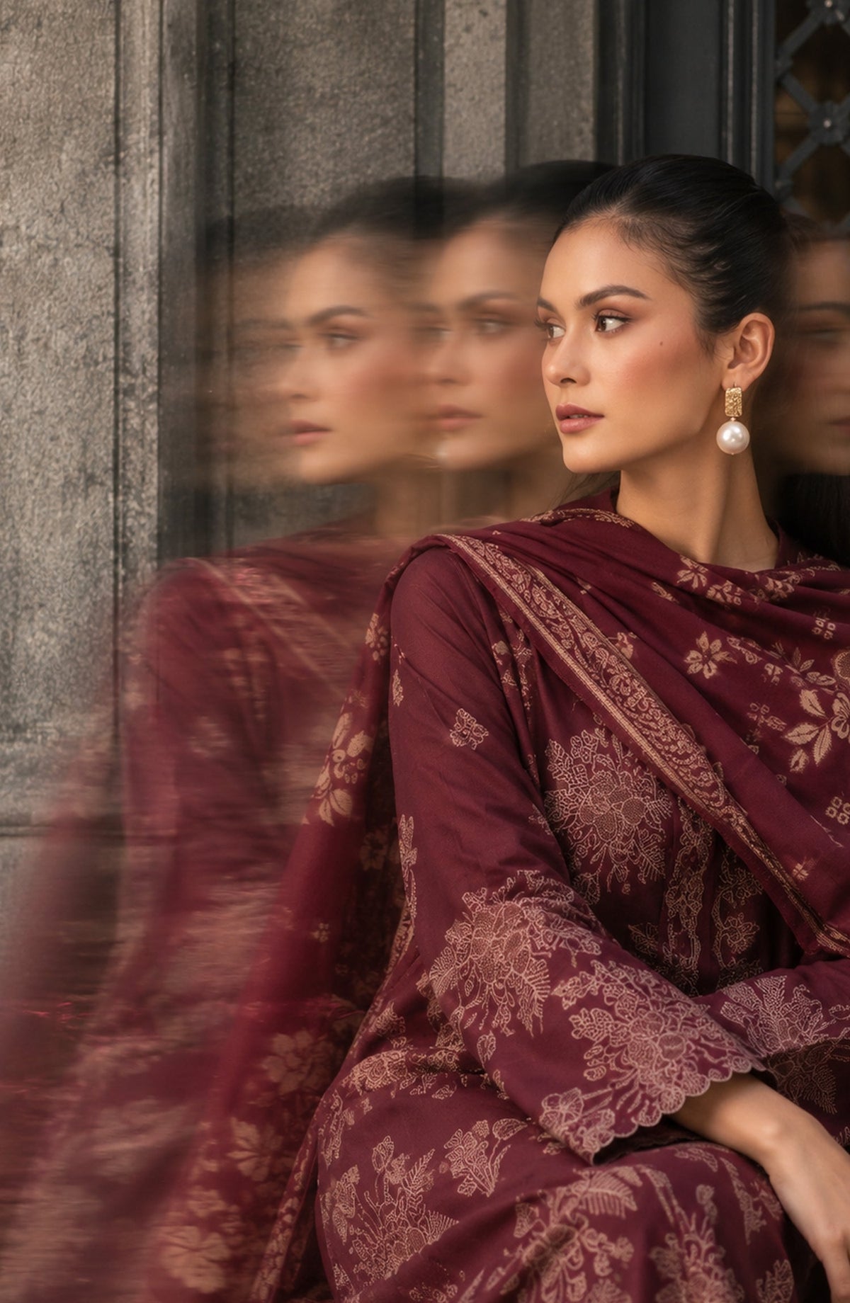 Maryum Maniya by Amna Khadija Broshia Banarsi Cotton Unstitched 3 Piece Suit - AKMM-06 - AM26NYI - Maroon - Winter Collection