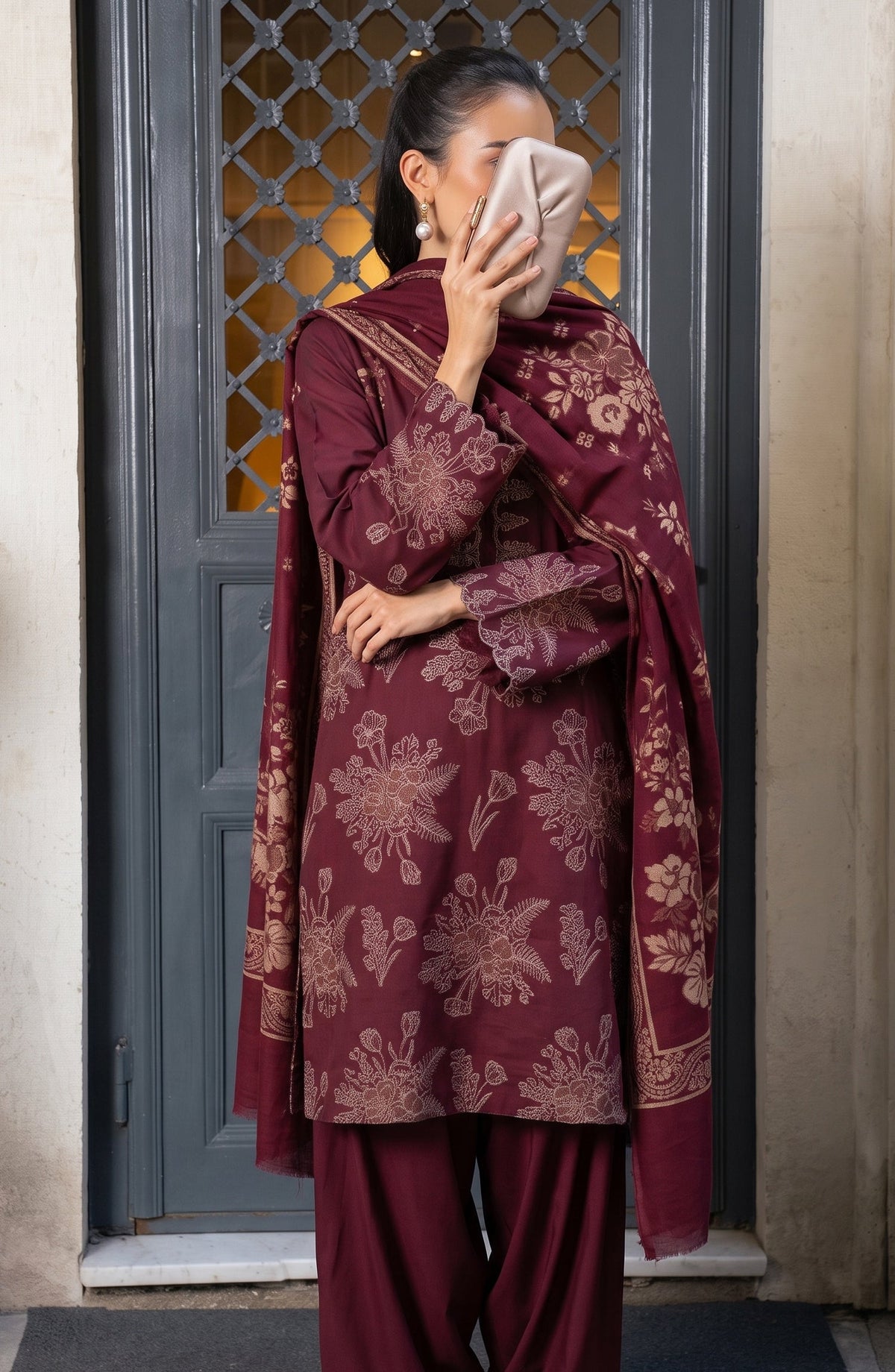 Maryum Maniya by Amna Khadija Broshia Banarsi Cotton Unstitched 3 Piece Suit - AKMM-06 - AM26NYI - Maroon - Winter Collection