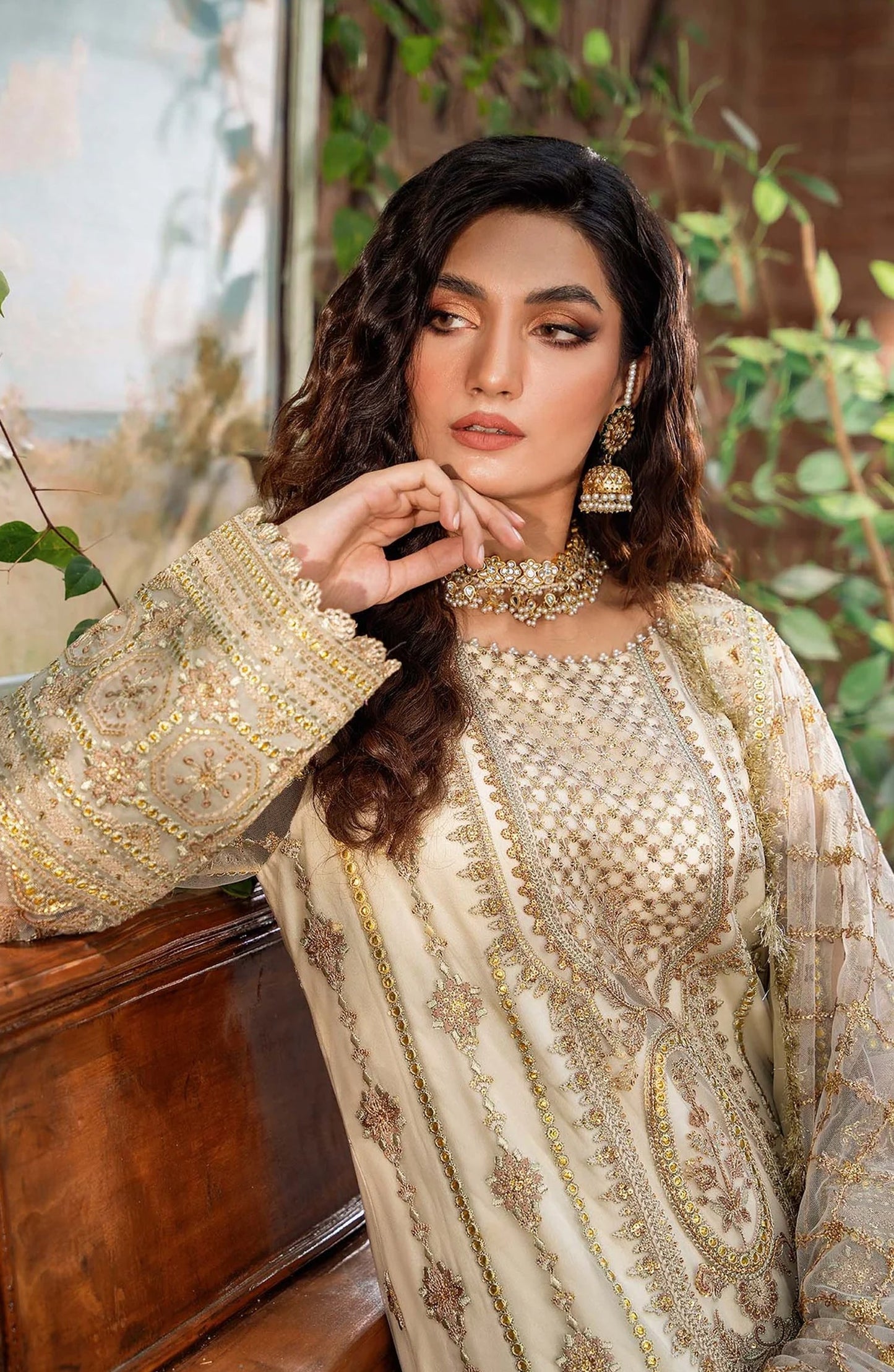 Mastani by Akbar Aslam Luxury Formals Embroidered Net Unstitched 3 Piece Suit - Mehrunisa - AKA25MST - Fawn - Festive Collection
