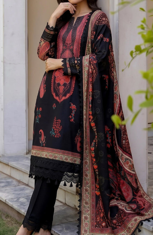 Mausummery Printed Linen Unstitched 3 Piece Suit - 09 Alstroemeria - MU26LN - Black - Winter Collection