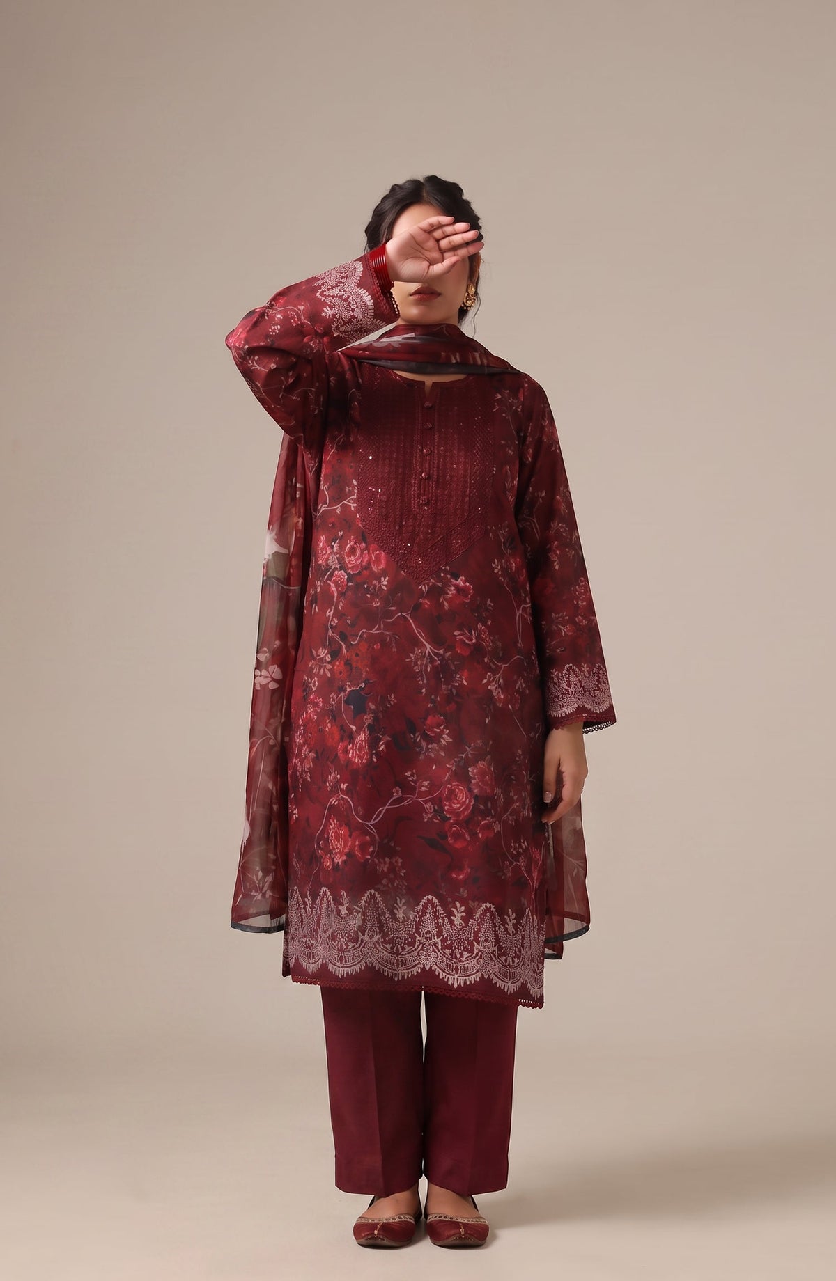 Me & She ki Dosti by Amna Khadija Embroidered Lawn Stitched 3 Piece Suit - AKMS-02 - AM26DST - Maroon - Summer Collection