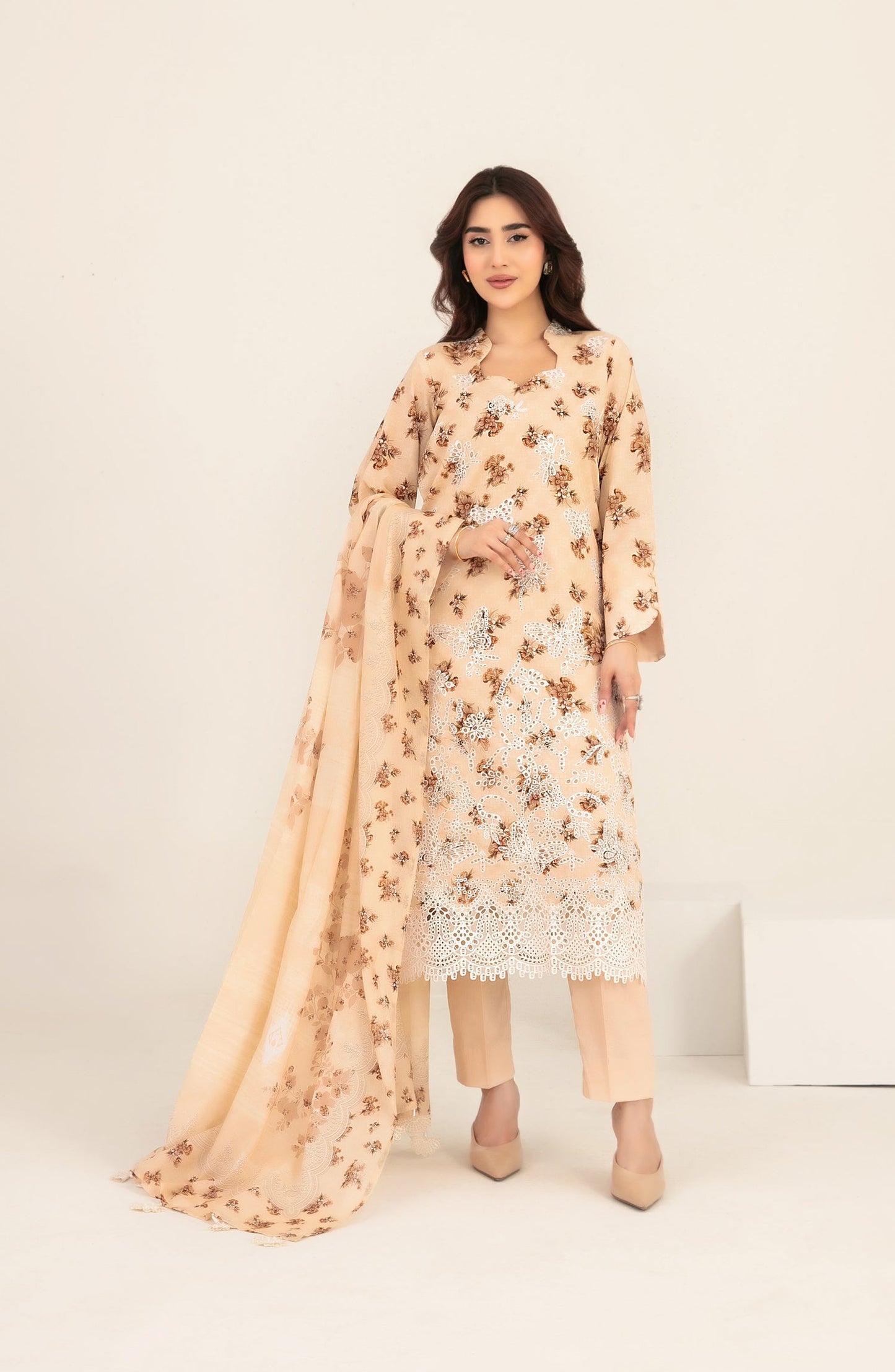 Meem by Tawakkal Fabrics Embroidered Lawn Unstitched 3 Piece Suit - D-3858 - TF26MEM - Peach - Summer Collection