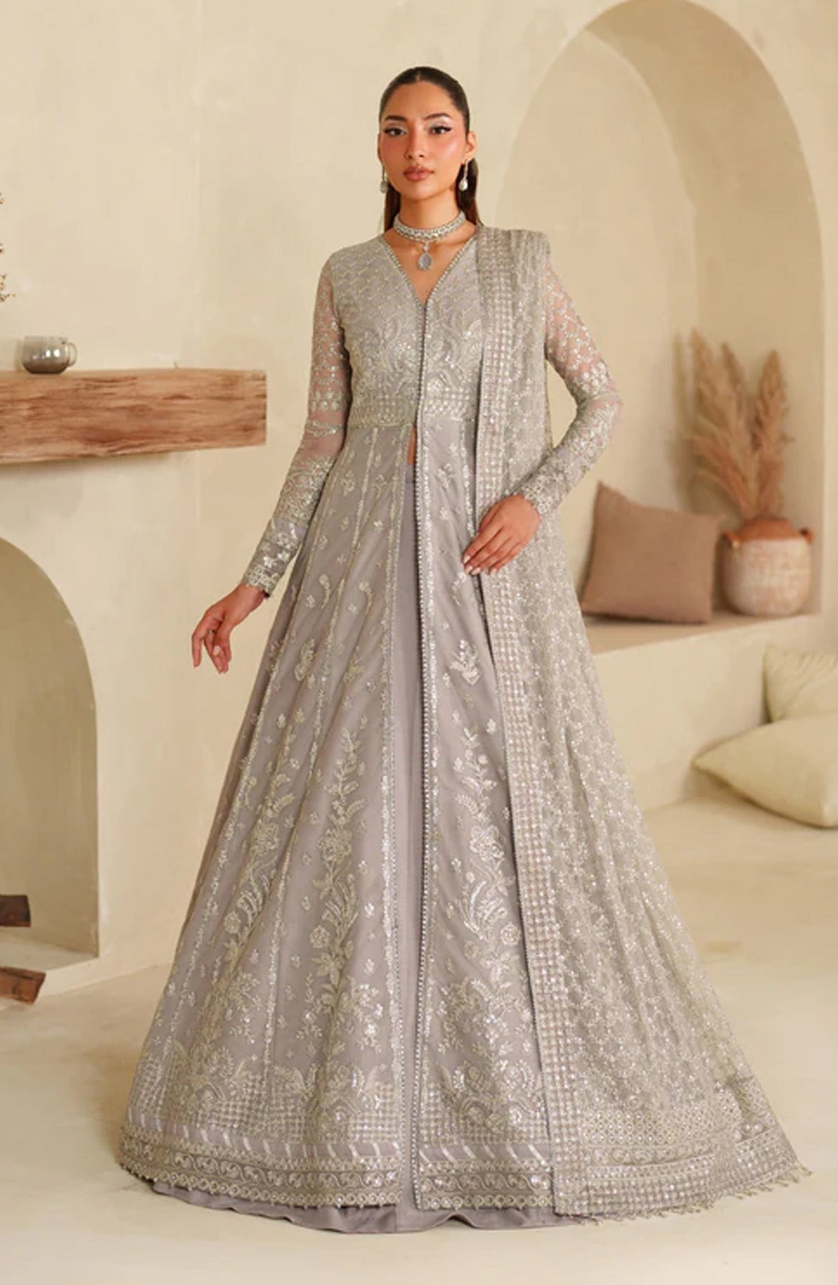Meesa by Zarif Exclusive Embroidered Net Unstitched 3 Piece Suit - Lemha - ZRF25MSA - Plum - Luxury Formals Collection