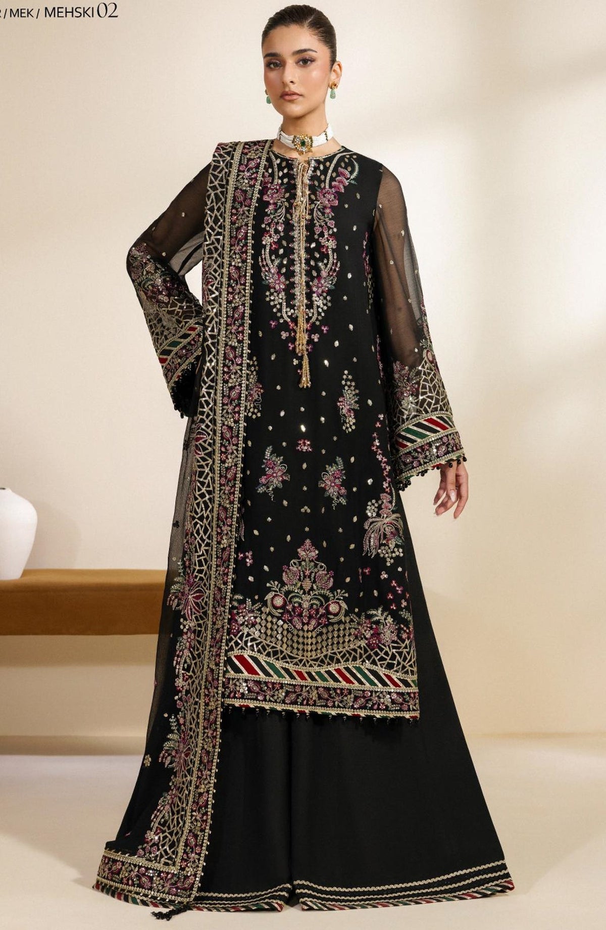 Meraki by Zarif Embroidered Chiffon Unstitched 3 Piece Suit - 02 Mehski - ZRF26MRK - Black - Festive Collection