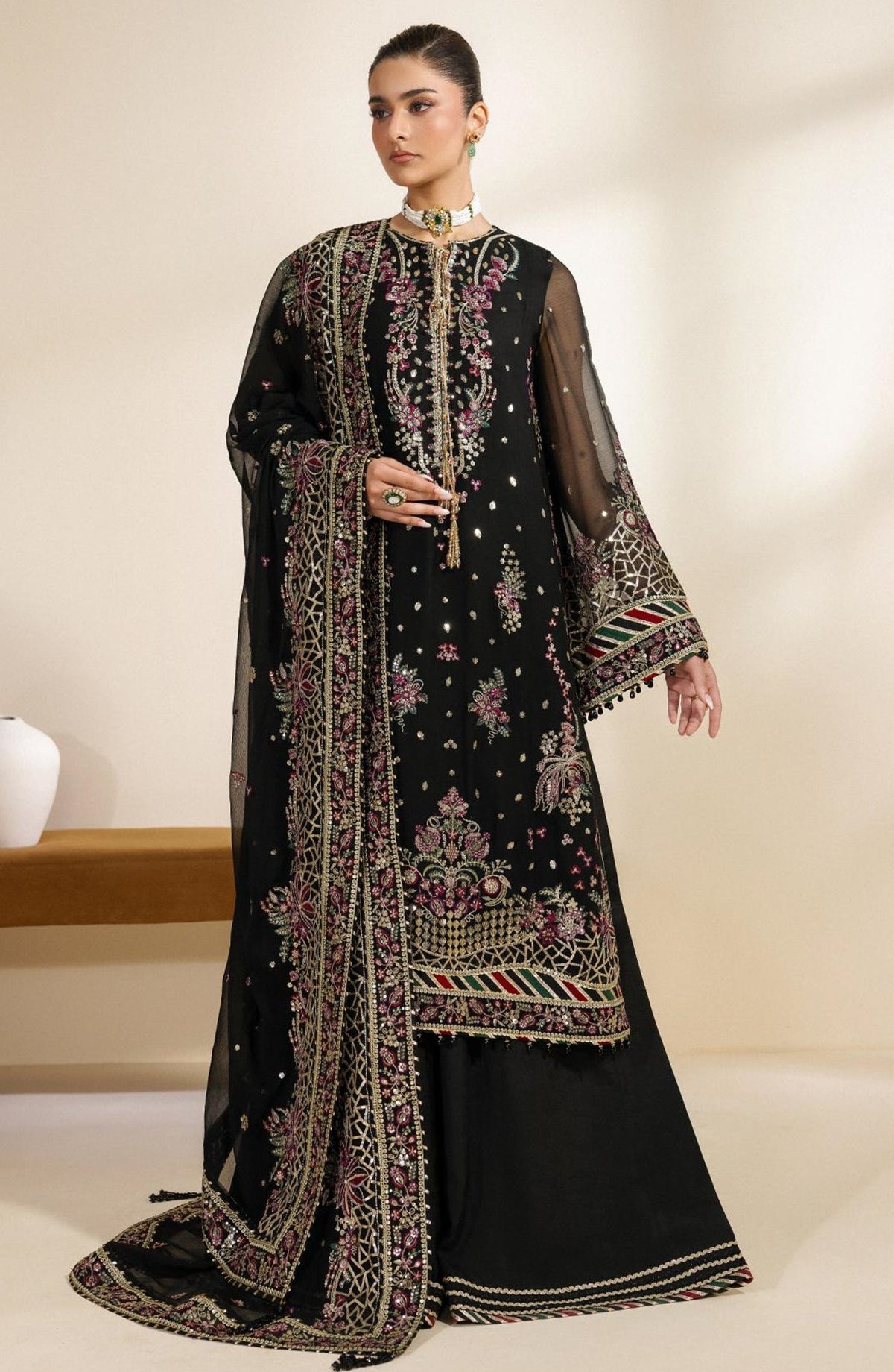 Meraki by Zarif Embroidered Chiffon Unstitched 3 Piece Suit - 02 Mehski - ZRF26MRK - Black - Festive Collection