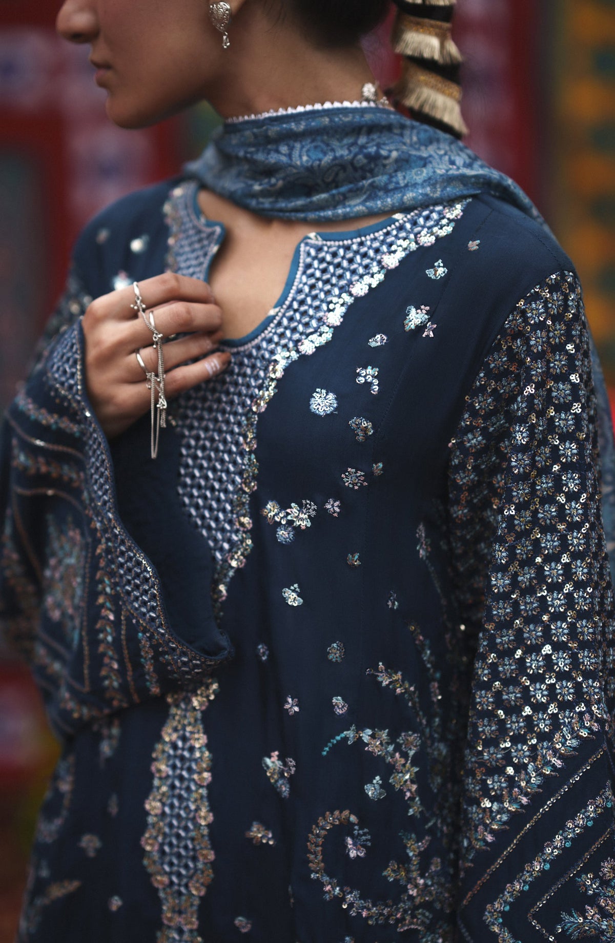 Casual Lite Mubarak Embroidered Silk Viscose Stitched 3 Piece Suit - 02 Neelofar - CL26MRK - Blue - Festive Collection