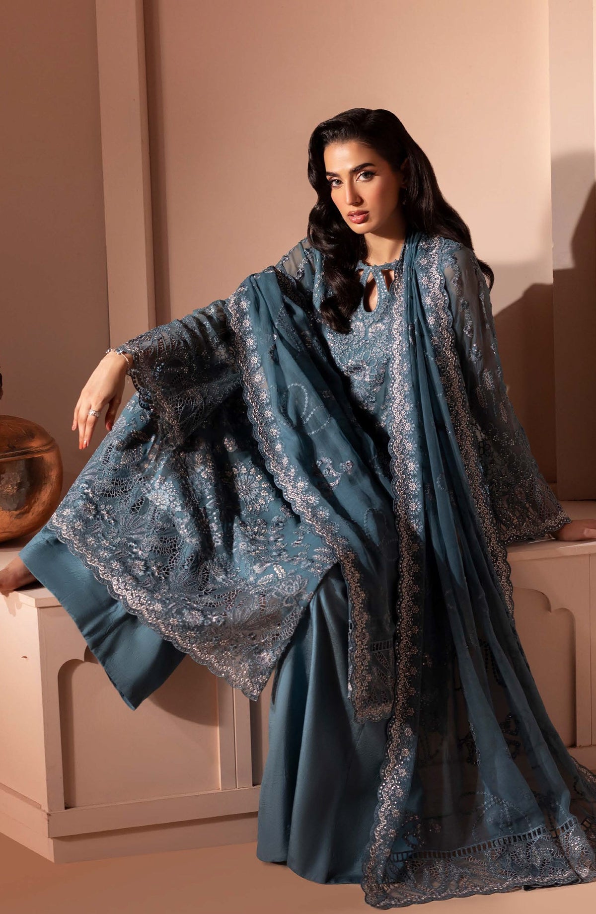 Murawat by Lavish Premium Luxury Embroidered Chiffon Unstitched 3 Piece Suit - D-06 - LP25MRW - Teal - Formals Collection