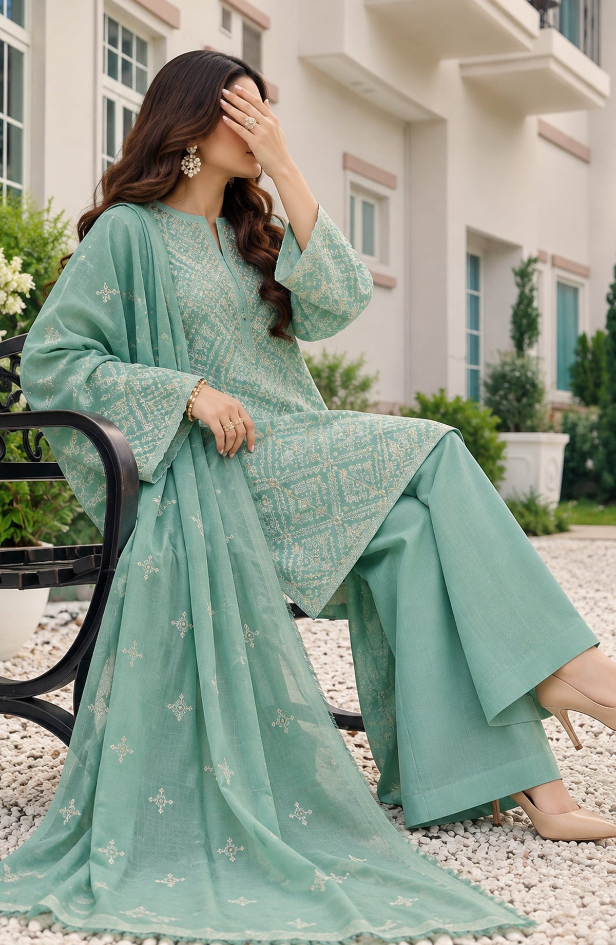 Muse by Amna Khadija Embroidered Cambric Unstitched 3 Piece Suit - AKMF-13 - AM26MSE - Sea Green - Formals Collection