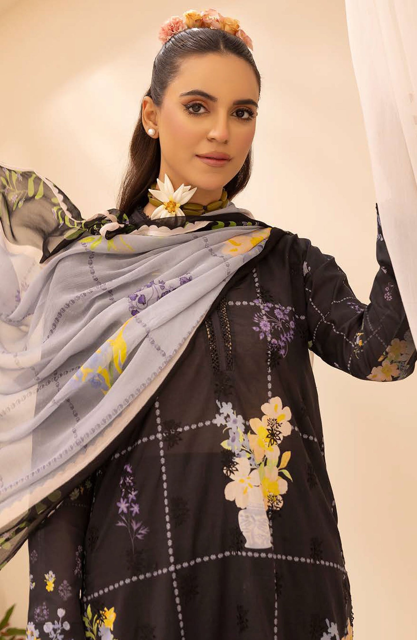 NUR Prints by Al Karim Embroidered Lawn Unstitched 3 Piece Suit - N-136 - AK26NRP - Black - Summer Collection