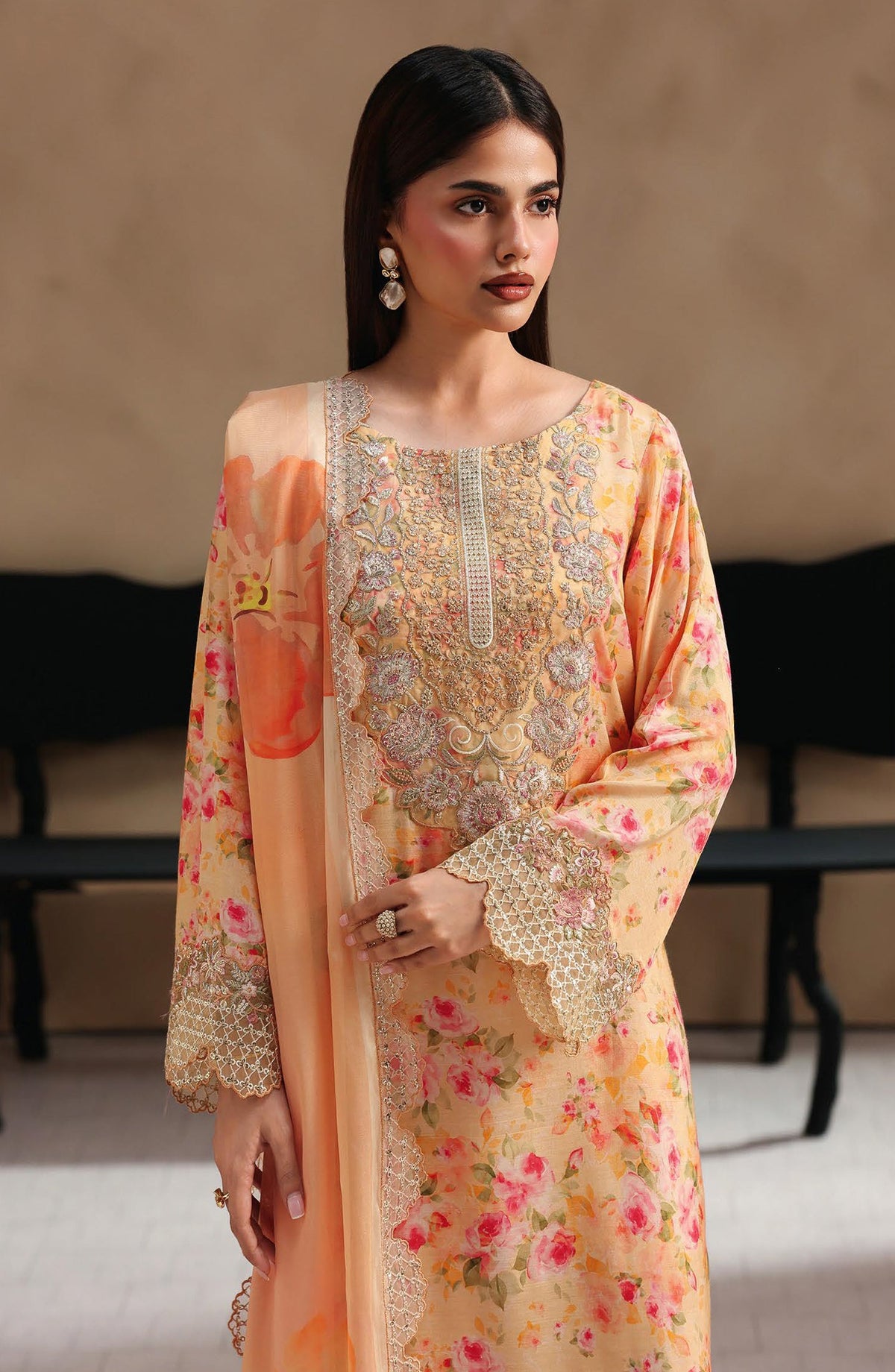 Naqsh by Ramsha Embroidered Raw Silk Unstitched 3 Piece Suit - RS-207 - RM26NQ - Peach - Winter Collection