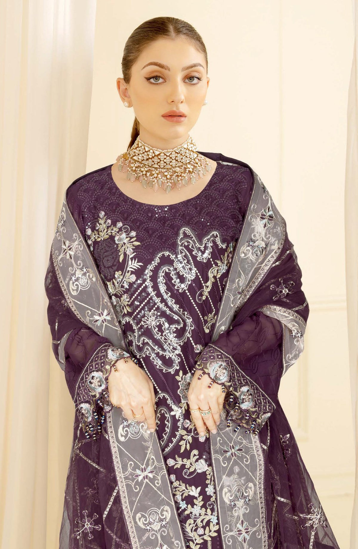 Nayab by Ramsha Luxury Embroidered Chiffon Unstitched 3 Piece Suit - N-411 - RM26NYB - Purple - Festive Collection