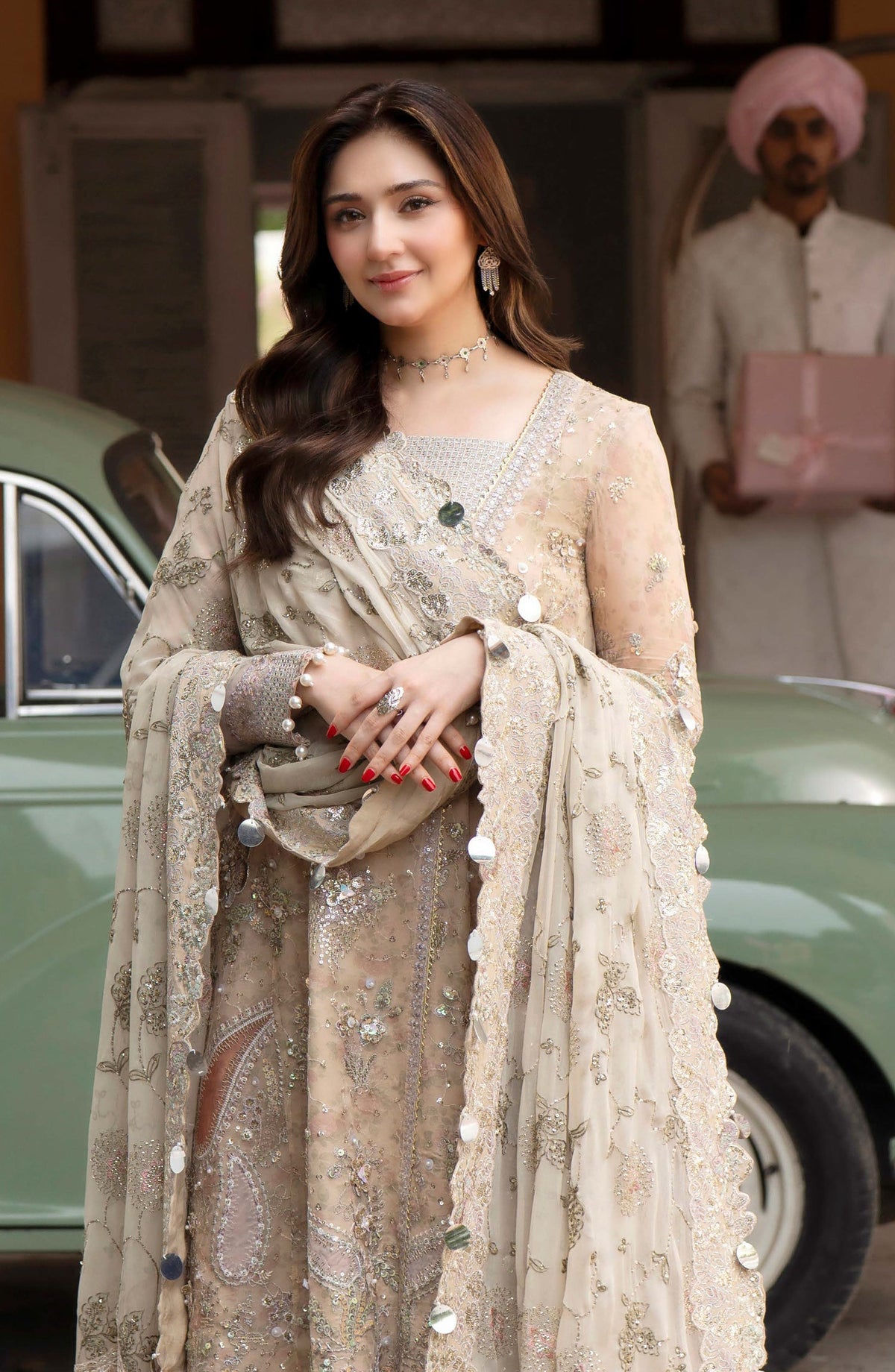Nureh Jhoomro Embroidered Chiffon Unstitched 3 Piece Suit - NL-96 - NL26JHO - Beige - Festive Collection