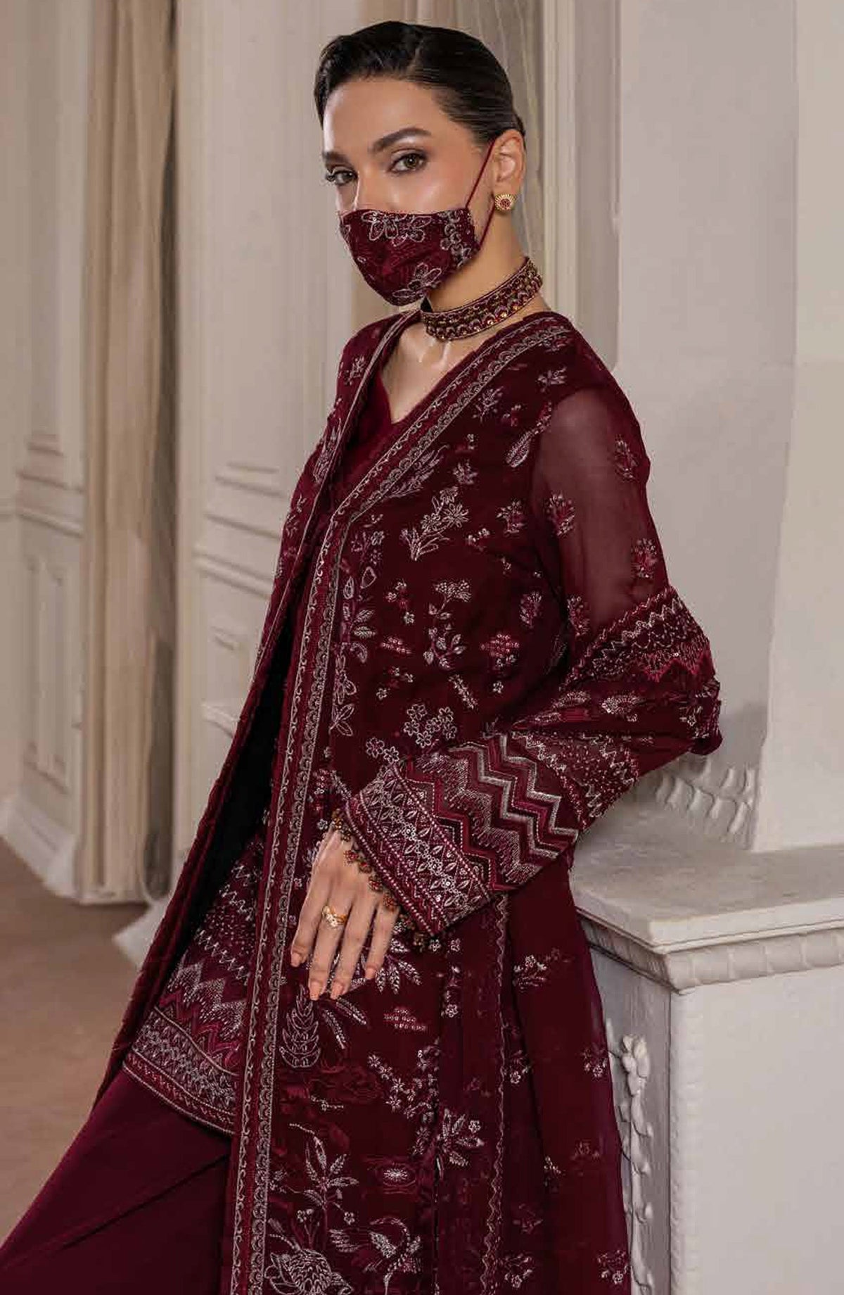 Parisa Safeera by Flossie Embroidered Chiffon Unstitched 3 Piece Suit - PA-02 - FLS26PRS - Maroon - Luxury Collection